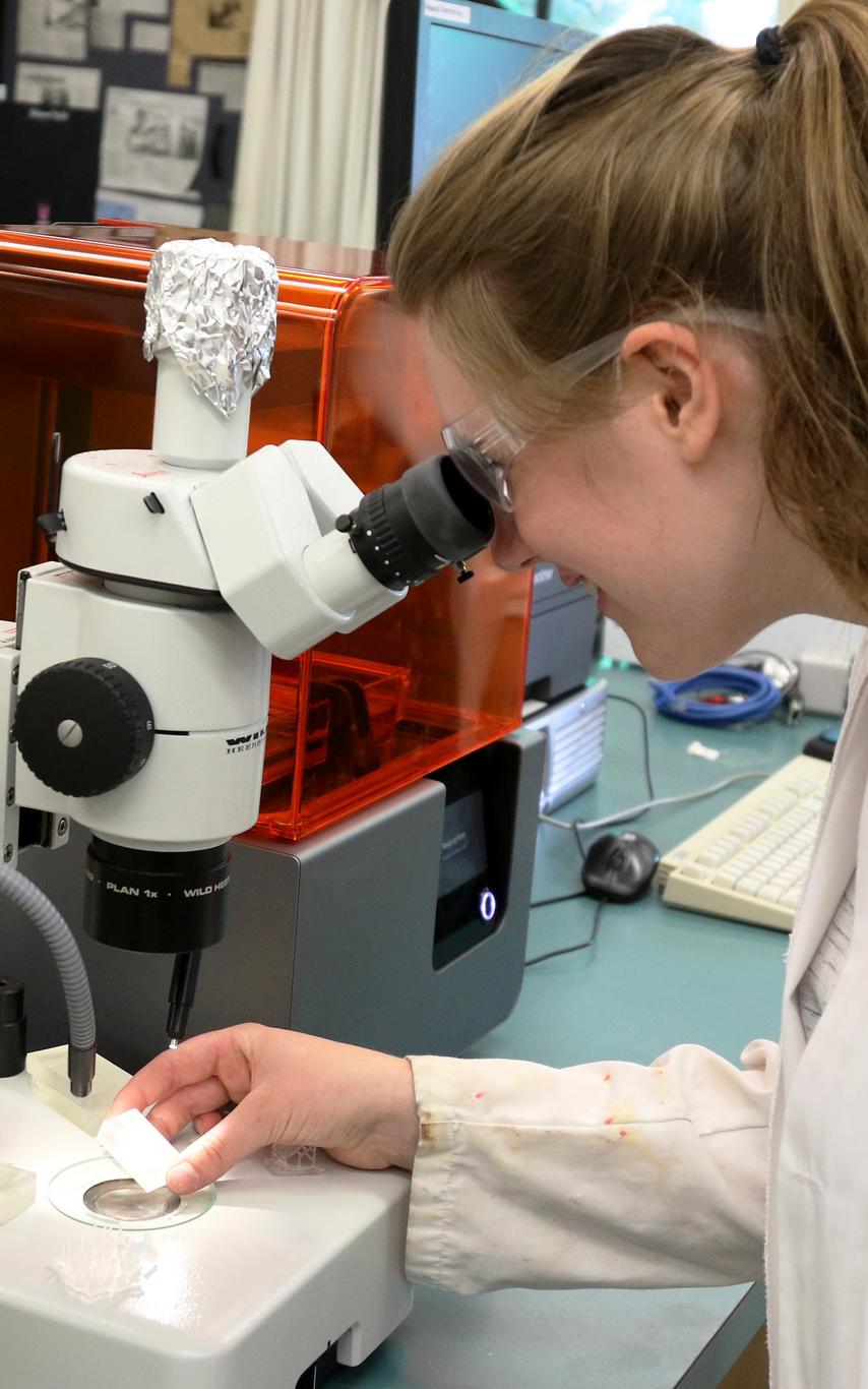 Hannah at a microscope